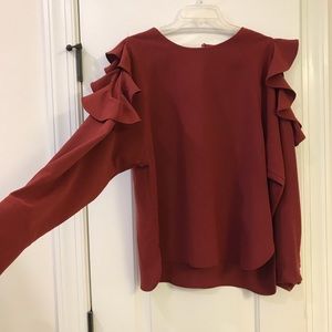 Long sleeve ruffle cold shoulder top